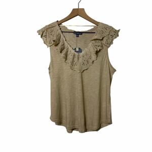 DEMOCRACY BEIGE RUFFLE BLOUSE NEUTRAL TOP WOMEN'S MEDIUM NEW WITH TAGS